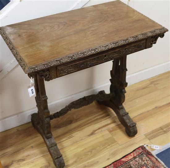 A 19th century Anglo-Indian ladies carved hardwood writing table W.76cm.